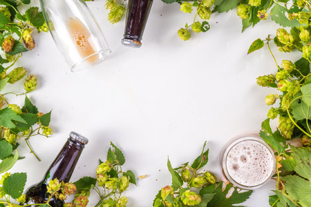 Beer bottle and glass with hop cones, Fresh craft beer and ingredients, copy space on white backgroundの写真素材