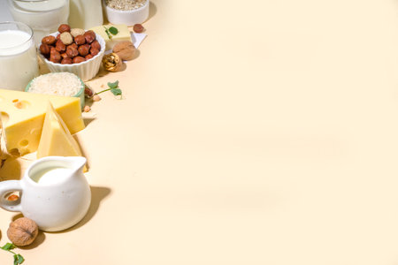 Vegan non-dairy products. Plant-based alternative dairy products â milk, cream, butter, yogurt, cheese, with ingredients - chickpeas, oatmeal, rice, coconut, nutsの写真素材