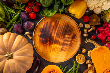 Autumn vegetable preparation dinner background. Food background with organic fresh farm raw veggies, pumpkin, corn, fruits, mushrooms, salad leaves, greenery, Ingredients for cooking with copy space.の写真素材