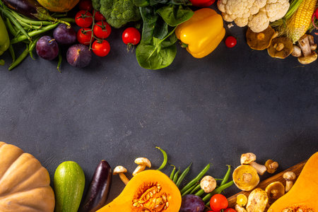 Autumn vegetable preparation dinner background. Food background with organic fresh farm raw veggies,...