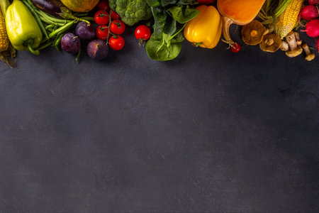 Autumn vegetable preparation dinner background. Food background with organic fresh farm raw veggies,...