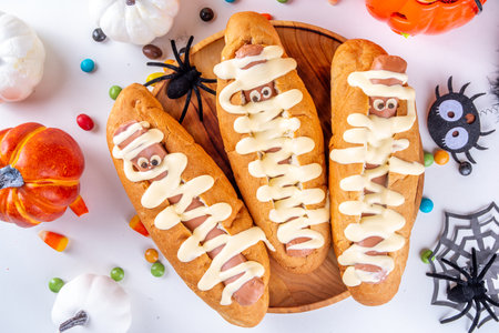 Funny mummy hot dogs for Halloween party or kids holiday brunch. Classic hot dogs with cheese eyes and cheesy mayo sauce, with Halloween decor, top view copy spaceの写真素材