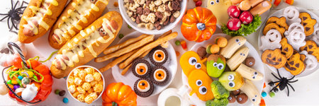 Halloween monster food and snack assortment. Set of funny creative food for children Halloween party, children brunch or breakfast - cookies, healthy and fast food snacks, breakfast cereals, hot dogsの写真素材