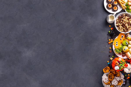 Halloween monster food and snack assortment. Set of funny creative food for children Halloween party, children brunch or breakfast - cookies, healthy and fast food snacks, breakfast cereals, hot dogsの写真素材