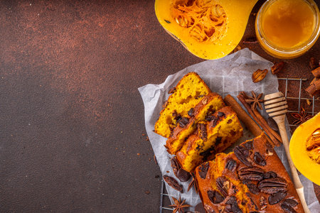 Homemade pecan and chocolate pumpkin  bread. Sliced loaded sweet dessert pumpkin bread, with nutsand chocolate drops, with ingredients top view copy spaceの写真素材