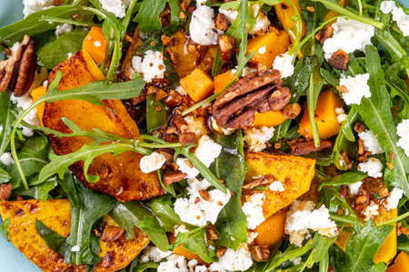 Autumn warm salad. Homemade fall season salad with grill and baked pumpkin, arugula, feta cheese and crushed nuts, Whole vegan paleo fruit and vegetable salad idea.の写真素材