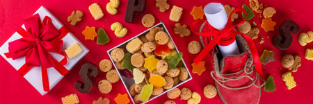 Sinterklaas, Saint Nicholas day background. Little kid red shoe with carrots and sweets, trooigoed, pepernoten, candy. Dutch Christmas holiday greeting cardの写真素材
