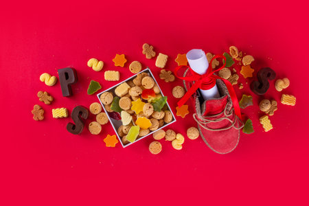 Sinterklaas, Saint Nicholas day background. Little kid red shoe with carrots and sweets, trooigoed,...