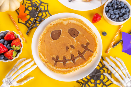 Funny kids breakfast for Halloween. Creative homemade sweet pancakes in form of traditional Halloween monsters and symbols, with fresh berry, chocolate and red syrupの写真素材