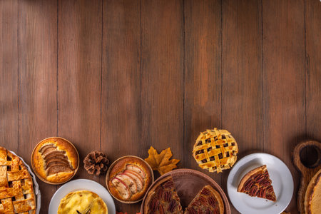 Assorted homemade fall cakes. Traditional autumn american european pumpkin, apple and pecan pie. Thanksgiving family dinner, seasonal homemade baking and pastry background on wooden tableの写真素材
