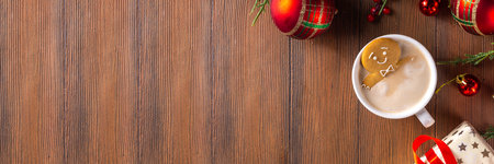 Funny cute gingerbread man in a hot chocolate, cappuccino or latte. Festive Christmas cocoa mug with marshmallow and cookie, with Christmas tree, decor, on white bokeh background copy spaceの写真素材