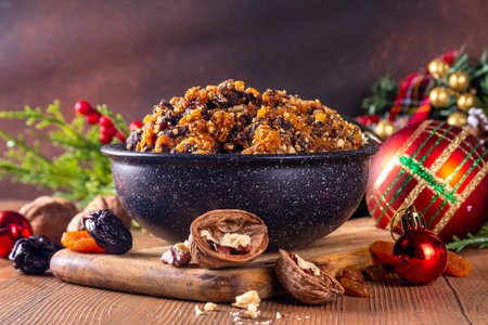 Homemade Christmas sweet mincemeat bowl, dried fruit mince meat for traditional winter mince pies with cinnamon sticks, anise, with festive decorations and christmas tree branchesの写真素材