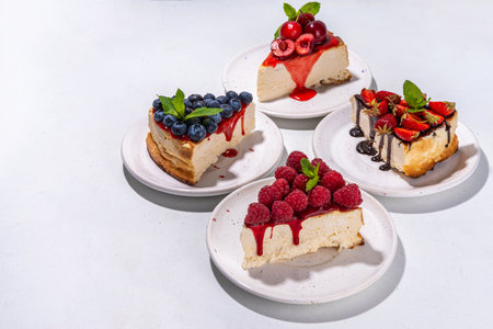 Summer cafe baking menu background, sweet cheesecake portion slices with various toppings, jam and berry fruits - strawberry, blueberry, raspberry, cherryの写真素材