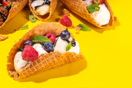Various sweet taco ice creams. Waffle taco shells with chocolate and vanilla flavour ice cream with different fruits, berry, toppingsの写真素材