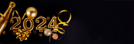 Happy new year 2024 greeting card background with gold numbers, champagne bottle, serpentine,...