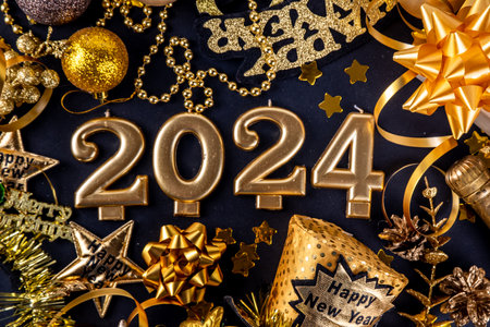 New year holiday party invitation. Carnival masks, glasses with inscription Happy New Year, accessories for fun party with friends and family, Christmas decor on black background copy space top viewの写真素材