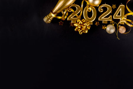 Happy new year 2024 greeting card background with gold numbers, champagne bottle, serpentine,...