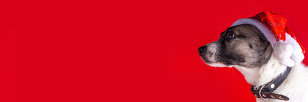 Holiday gifts for pets for Christmas, New Year. Pets pets holiday shopping gifts background. Cute spotted dog puppy in santa hat with christmas decorations and big gift box on red backgroundの写真素材