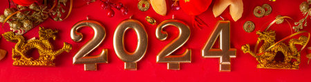 Chinese New Year 2024 greeting card. Bright red asian year of the dragon background with golden...