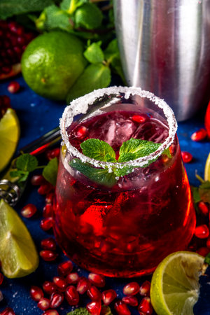 Pomegranate mocktail or cocktail, Boozy alcohol pomegranate and lime drink, lemonade, mojito,...