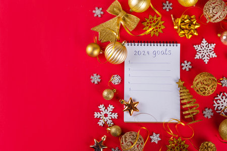 New Year resolution list, goals and plans. Notepad for to do new year list, on red background with...