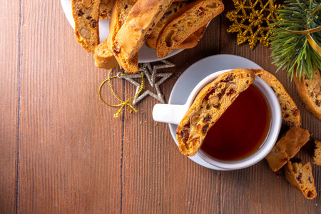 Homemade almond and dried fruit Cantuccini. Italian almond cantuccini biscuits, traditional Christmas and New Year, advent dessert pastryの写真素材