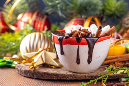 Winter aromatic hot chocolate cup with Christmas background. Mug of dark hot cocoa drink with cinnamon, anise, spices and marshmallow, on cozy Christmas and New Year holiday decorated backgroundの写真素材