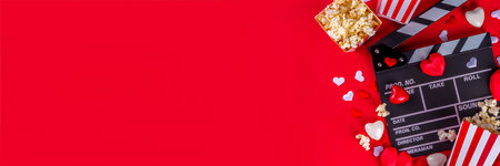 Romantic date on Valentine's Day February 14. Love movie marathon, date at cinema theater. Clapperboard, popcorn buckets, heart decor and chocolates on red background flat lay copy spaceの写真素材