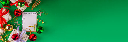 Bright green Christmas New Year background with red, green, golden xmas balls, streamers and...