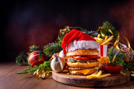 Christmas burger and french fries delivery menu. Big cheeseburger with french fries and ketchup sauce on festive Christmas and New Year decorated backgroundの写真素材