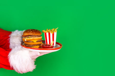 Christmas burger and french fries delivery menu. Santa hands with big tasty cheeseburger with french fries and ketchup sauce on festive Christmas and New Year decorated backgroundの写真素材