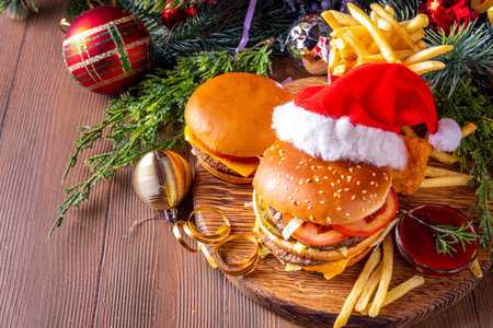 Christmas burger and french fries delivery menu. Big cheeseburger with french fries and ketchup sauce on festive Christmas and New Year decorated backgroundの写真素材
