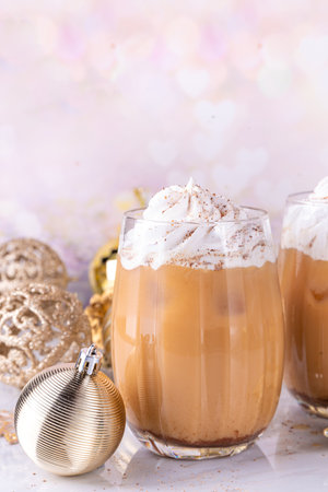 Iced gingerbread latte drink, tasty Christmas New Year beverage hot chocolate or coffee cocktail...