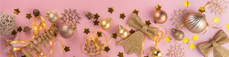 Rose gold Christmas, New Year background with golden bauble, holiday decoration, Christmas tree...