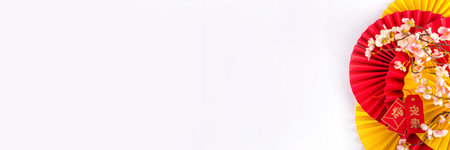 Chinese New Year theme background with copy space. Red fans, gold coins, tangerines, cherry blossoms, holiday golden branches, decor, wishes envelopes. gold dragon on white backgroundの写真素材