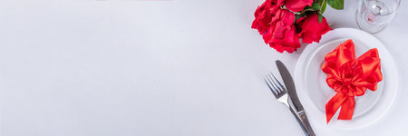 Valentine day table setting on white background. Romantic diner table setting for with red roses, heart shaped bow, plate, wine glass and cutlery top view copy space. Valentines menu backgroundの写真素材