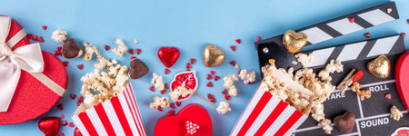 Romantic date on Valentine's Day February 14. Love movie marathon, date at cinema theater. Clapperboard, popcorn buckets, heart decor and chocolates on red background flat lay copy spaceの写真素材