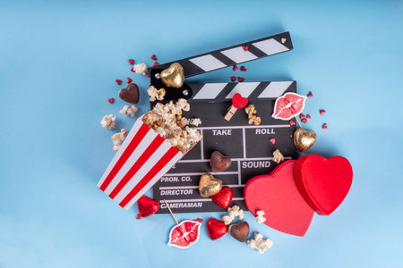 Romantic date on Valentine's Day February 14. Love movie marathon, date at cinema theater. Clapperboard, popcorn buckets, heart decor and chocolates on red background flat lay copy spaceの写真素材