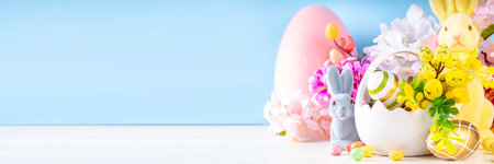 Cute Happy Easter spring holiday greeting card background. Colorful Easter eggs in basket with bunny rabbit decor, spring flowers bouquet on white wooden table background, copy spaceの写真素材