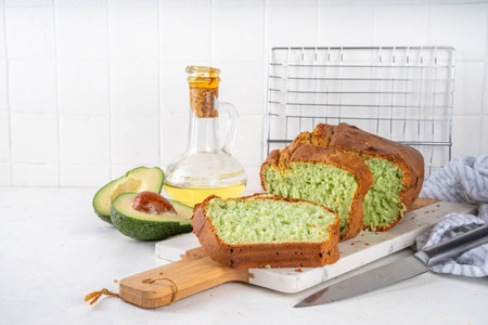 Homemade avocado loaf of bread, keto diet recipe, healthy alternative food idea, on white kitchen...