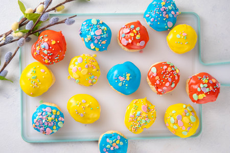 Homemade Italian Easter cookies with colorful sugar glaze and sprinkles, on white kitchen table...