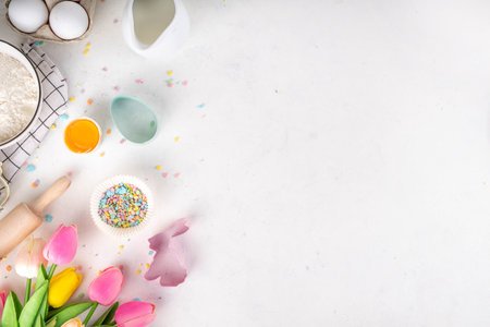 Easter baking background, ingredient for making Easter cookies, cakes, dessert with Easter chocolate...