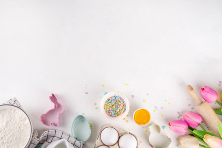 Easter baking background, ingredient for making Easter cookies, cakes, dessert with Easter chocolate...