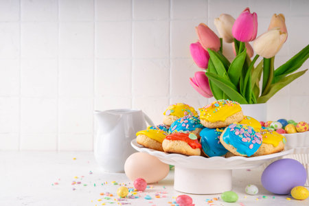 Homemade Italian Easter cookies with colorful sugar glaze and sprinkles, on white kitchen table...