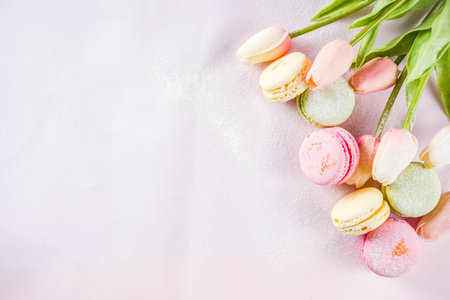Classic colorful macarons. Six pink, yellow and green macaron cookies top view copy spaceの写真素材