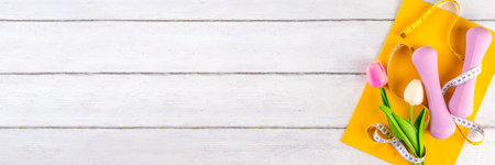 Spring sport fitness background. Outdoors springtime workouts concept. Running sneakers, dumbbell, jump rope, water bottle, tape measure, spring tulip flower, wooden background top view copy spaceの写真素材