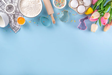 Easter baking background, ingredient for making Easter cookies, cakes, dessert with Easter chocolate...