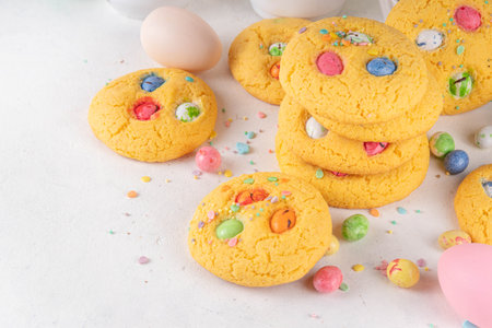 Colorful Funfetti chocolate chips mix Cookies. Homemade sweet Easter vanilla biscuits with sugar...