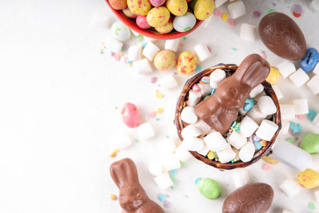 Easter cute hot chocolate mug with chocolate eggs and rabbit, tasty homemade cocoa recipe with...
