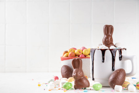 Easter cute hot chocolate mug with chocolate eggs and rabbit, tasty homemade cocoa recipe with Easter symbols chocolates and marshmallow, white kitchen background copy spaceの写真素材
